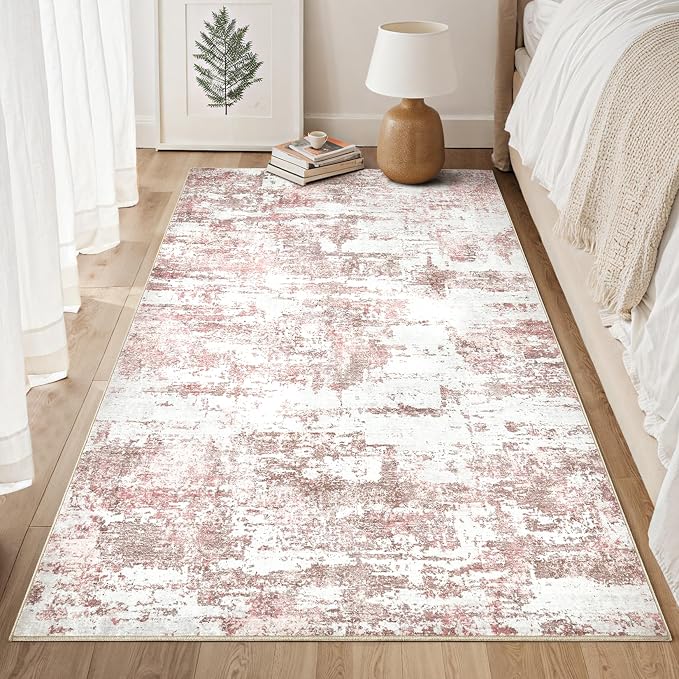 Hallway Washable Runner Rug: 3x5 Abstract Modern Soft Stain Resistant Non-Slip Backing Runner for for Entryway Kitchen Laundry Living Bathroom - Pink