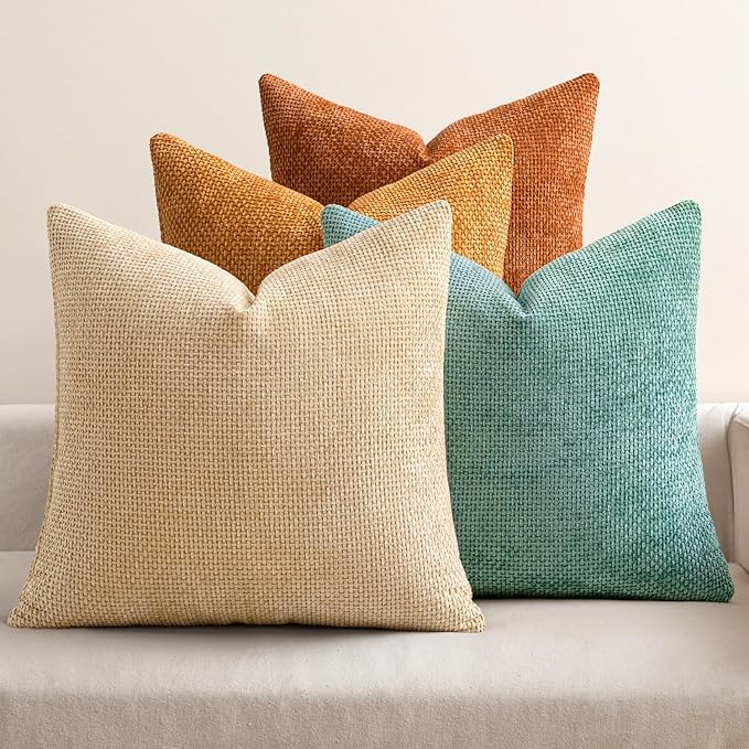 MIULEE Pack of 4 Orange/Teal Couch Throw Pillow Covers 18x18 Inch Yellow Green Soft Decorative Chenille Pillows Farmhouse Accent Cushions for Boho Fall Home Decor Sofa Bedroom Living Room