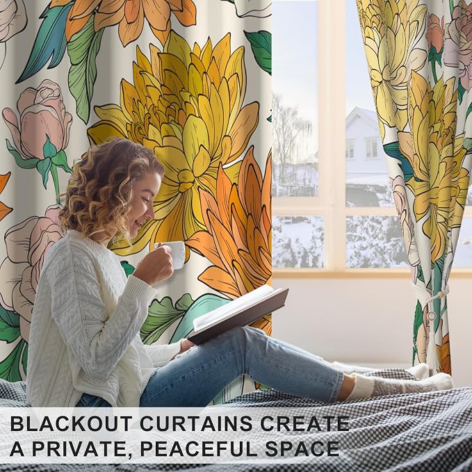 Boho Blackout Curtains for Bedroom and Living Room, Thermal Insulated Spring Floral Black Out Curtains 84 Inches Long 2 Panels Set with Curtain Tiebacks, Farmhouse Soundproof Grommet Darkening Drapes