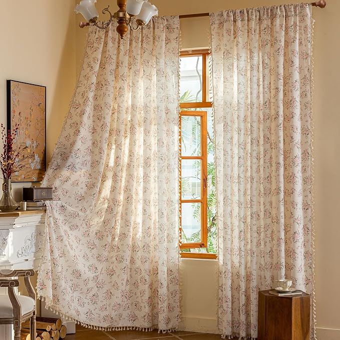 OYX Pink Floral Curtains for Girls Room 2 Panels, Linen Curtains 84 Inch Length with Flower Pattern Light Filtering Window Privacy Curtains for Living Room Boho Farmhouse Vintage, Each 52 Inch Wide