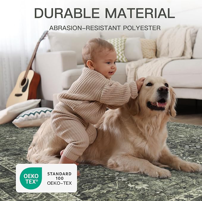 5x7 Vintage Washable Area Rug for Living Room,Low Pile Non Slip Carpet Non-Shedding Area Rug Soft Indoor Stain Resistant Rug Floral Print Mat for Bedroom Dining Room Green Floral