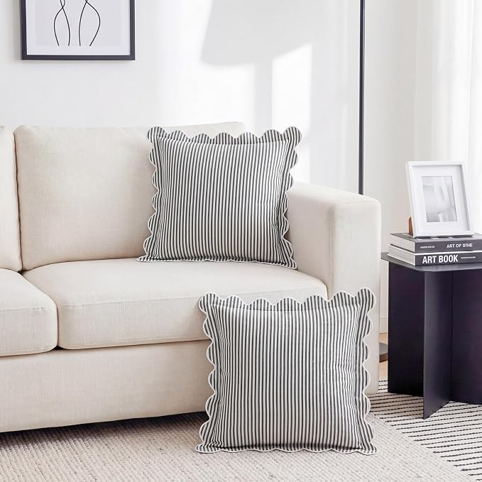 Newwiee 2 Pack Scalloped Pillow Cover 18 x 18 Inch Black Stripe Throw Pillow Cover Cotton Decorative Pillowcase for Women Men Couch Living Room Cushion Indoor Outdoor Decoration