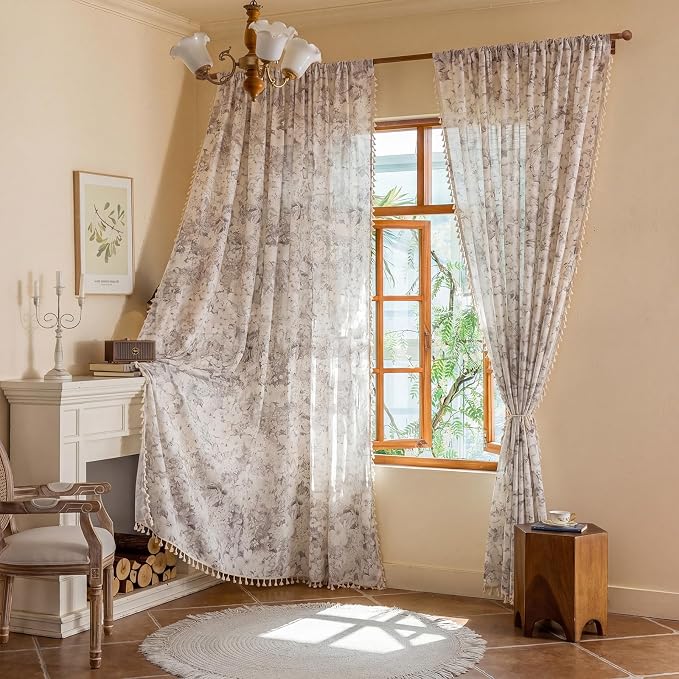 OYX Boho Floral Curtains 63 Inch, Linen Farmhouse Flower Drapes with Lace & Tassels, Light Filtering Semi Sheer Curtains for Living Room Bedroom, 2 Panels