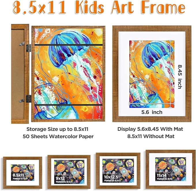 KINLINK 8.5x11 Kids Art Frame 2 Pack, Solid Wood Artwork Frames Changeable, Front Opening Hold 150 Pictures, Art Frames for Kids Artwork, 6x9 with Mat 8.5x11 without Mat, Picture Frames Teak