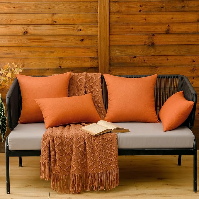 MIULEE Pack of 2 Decorative Outdoor Solid Waterproof Throw Pillow Covers Faux Linen Garden Farmhouse Cushion Cases for Summer Patio Tent Balcony Couch Sofa 20x12 Inch Orange