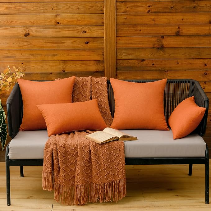 MIULEE Pack of 2 Decorative Outdoor Solid Waterproof Throw Pillow Covers Euro Sham Faux Linen Garden Farmhouse Cushion Cases for Summer Patio Tent Balcony Couch Sofa 26x26 Inch Orange