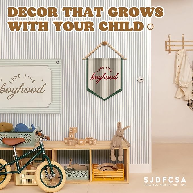 Long Live Boyhood Boys Room Wall Art Decor, Sage Green Playroom Boho Wall Hanging Display Pennant Flag for Kids Boys Nursery Toddler Room Bedroom Playroom