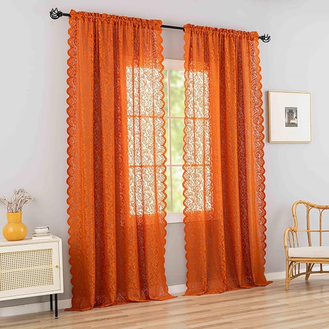 ALIGOGO Burnt Orange Curtains 72 Inch Length for Bedroom, Elegant Semi Sheer Lace Floral Drapes, Rust Boho Rod Pocket Privacy Terracotta Curtains 2 Panels, 52 x 72 Inch, Orange