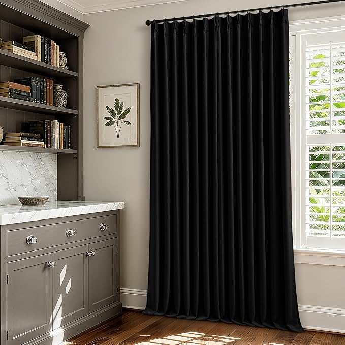Black Pinch Pleated Blackout Linen Curtains 120 Inches Long for Living Room Bedroom 2 Panels Room Darkening Thermal Insulated Neutral Black Farmhouse 100% Blackout Window Curtain Drape 120 Inch
