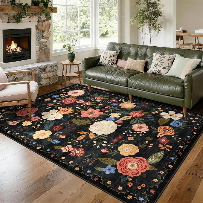 5x7 Washable Area Rug for Living Room, Floral Non-Slip Non-Shedding & Easy Care, Soft Low Pile Boho Indoor Floor Carpet for Living Room, Bedroom, Farmhouse, Dining Room, Kids Playroom, Black