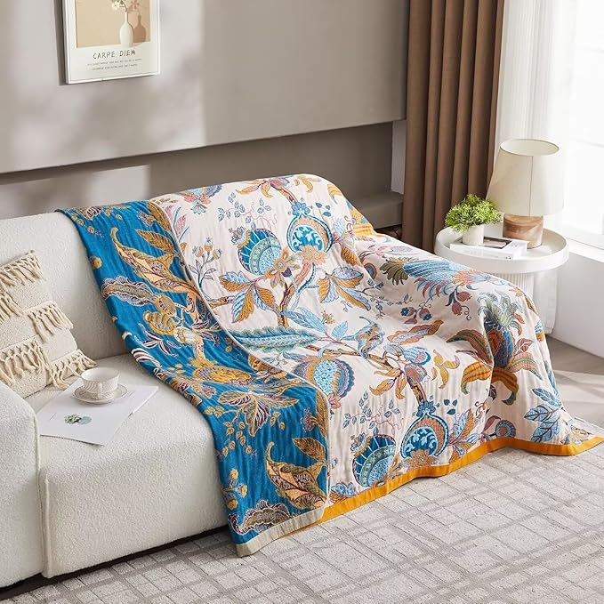 Boho Throw Blanket for Bed 100% Cotton Bohemian Blankets Ultra Soft Woven Muslin Decorative Blankets All Seasons Vintage Quilt Knitted Blanket for Sofa Chair(Beige, 80"x90")