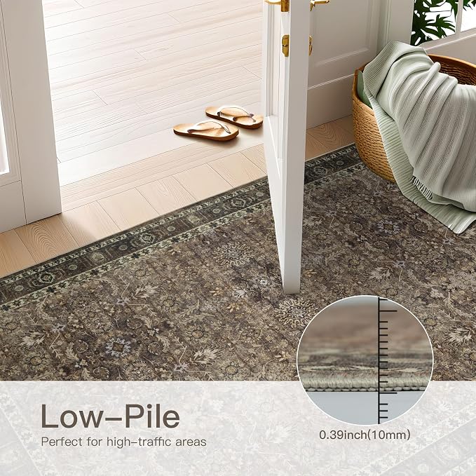4x6 Vintage Washable Area Rug for Living Room,Non Slip Boho Carpet Non-Shedding Small Area Rug Soft Indoor Stain Resistant Rug Floral Print Mat for Bedroom Dining Room Brown Floral