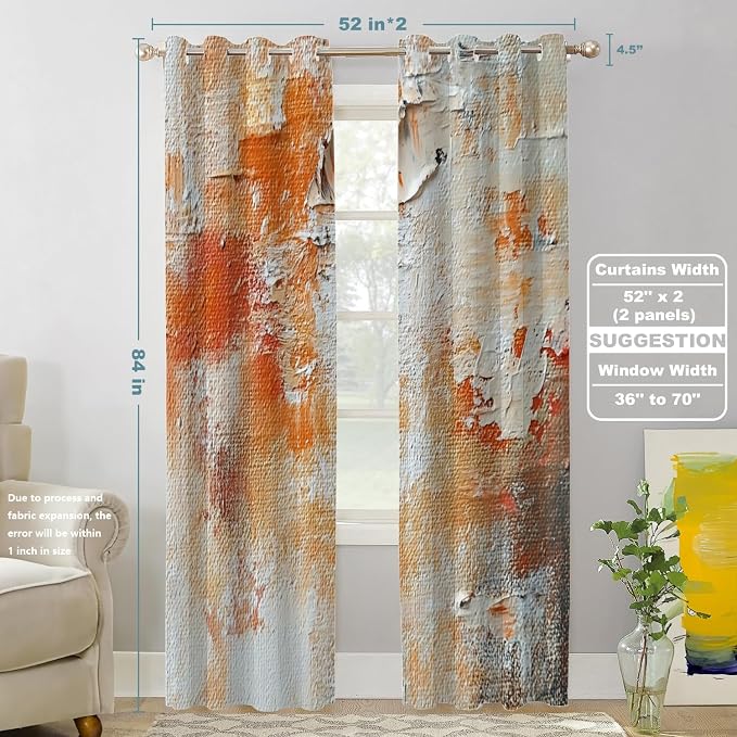 Shrahala Brushstrokes of Paint Blackout Window Curtains, Orange Grey Canvas Texture Thermal Insulated Curtains Grommet Top Window Drapes for Living Room, Bedroom (2 Panels, 52 x 84 in)