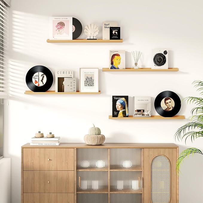 Fun Memories Picture Ledge Shelf for Wall, Floating Shelves Set of 4, 36 Inch Long Nursery Book Shelves for Toys Storage, Kids Bookshelf Wall Mounted for Books Photo Frames, Oak