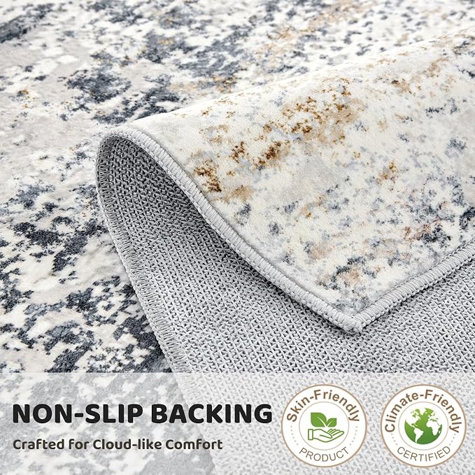 DMOYEST Washable Runner Rug for Hallway: 2x6 Neutral Modern Abstract Low Pile Area Rug with Non-Slip Backing - Carpet for Bedroom Kitchen Laundry Entryway Bathroom Indoor - Beige Blue