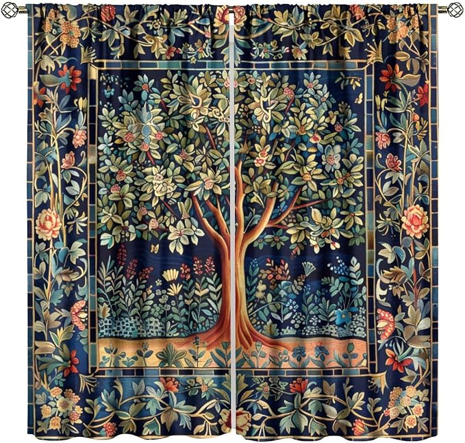 William Morris Flower Blackout Curtains, Rustic Colorful Forest Tree of Life Floral Window Drapes, for Bedroom Living Room 63" W X 72" L