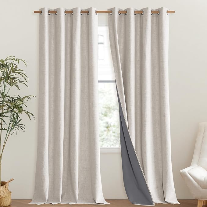 NICETOWN Brich Vintage Open Linen Weave Flax Thermal Curtains, 100% Blackout Curtains 102" Long for Dining Room, Soundproof Window Treatment Drapes for Hall Room, 52" Wide Per Panel, Set of 2