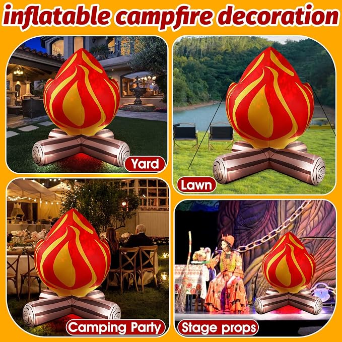 5FT Summer Inflatable Campfire Blow-up Fake Campfire Built-in 4 LED Lights for Summer Inflatables Outdoor Decorations Inflatable Fake Fire for Bonfire Birthday Party Decor Supplies Yard Lawn Garden