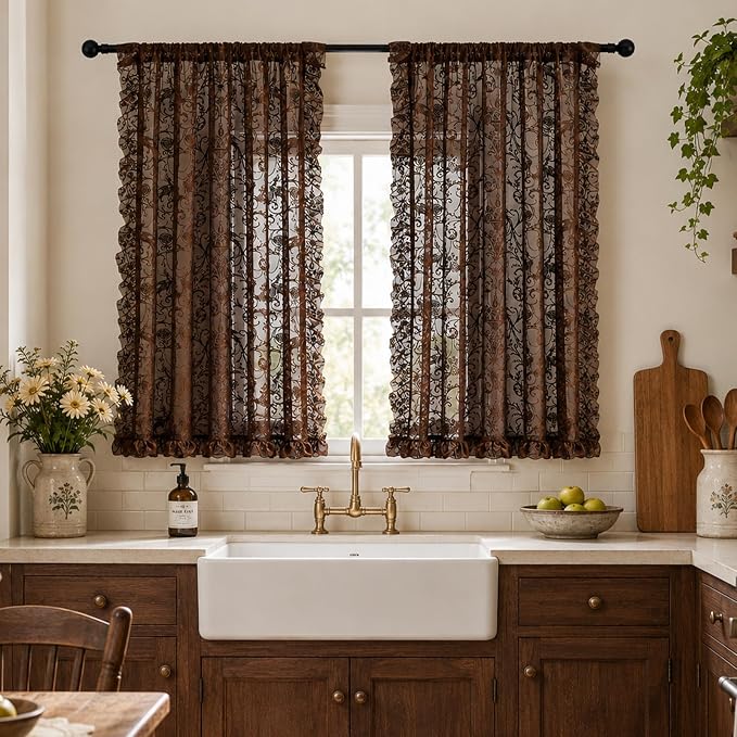 TUDECO Lace Brown Kitchen Curtains 45 Inch Long for Small Window, 2 Panels | Rustic Antique, Sheer Floral Pattern, Short Cafe Curtains, Ruffle Edges, Light Filtering & Privacy, 59W x 45L Inch