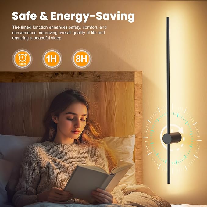 NIORSUN 35.4 Inch Battery Operated Wall Sconce Set of 2,Black Minimalist Rechargeable LED Wall Lights with Remote, 10 Colors Dimmable Wireless Wall Sconce for Living Room Bedroom Hallway