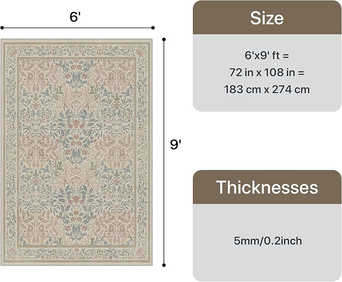 GENIMO 6x9 Washable Living Room Area Rug, Non Slip, Beige Pink | Vintage Boho Floral Low Pile Thin Carpet for Bedroom, Dining Room, Nursery, Indoor Decor