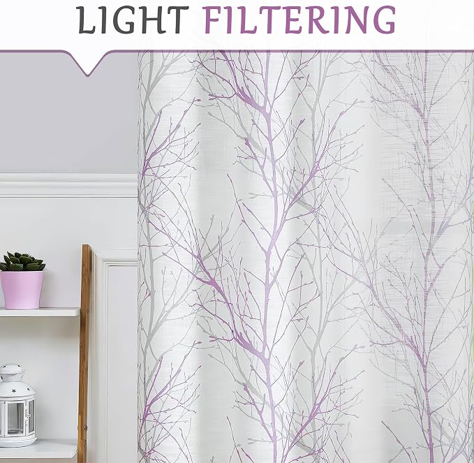 FMFUNCTEX Linen Semi Sheer Curtains for Bedroom, Lilac White Curtains 72 Inches Long for Living Room, Grey Tree Branch Patterned Curtain Light Filtering Farmhouse Window Drapes, Grommet Top 2 Panels