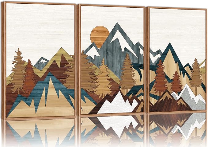 SIGNINART Vintage Mountain Framed Canvas Wall Art, Boho Sunrise Art Prints, Forest Nature Wilderness Art Paintings, Modern Farmhouse Woodcut Style Wall Decor for Living Room Bedroom, Office 24"x36"x3