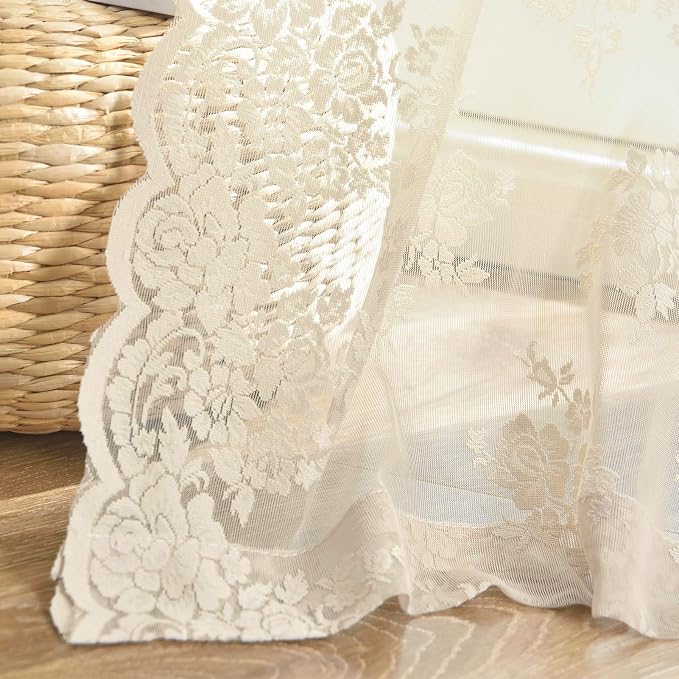 Kotile Beige Lace Curtains 54 Inch Length 2 Panels Set, Country Rustic Floral Patterned Vintage Short Lace Curtains for Bedroom, Rod Pocket Light Filtering Privacy Sheer Curtain, 42 x 54 Inch