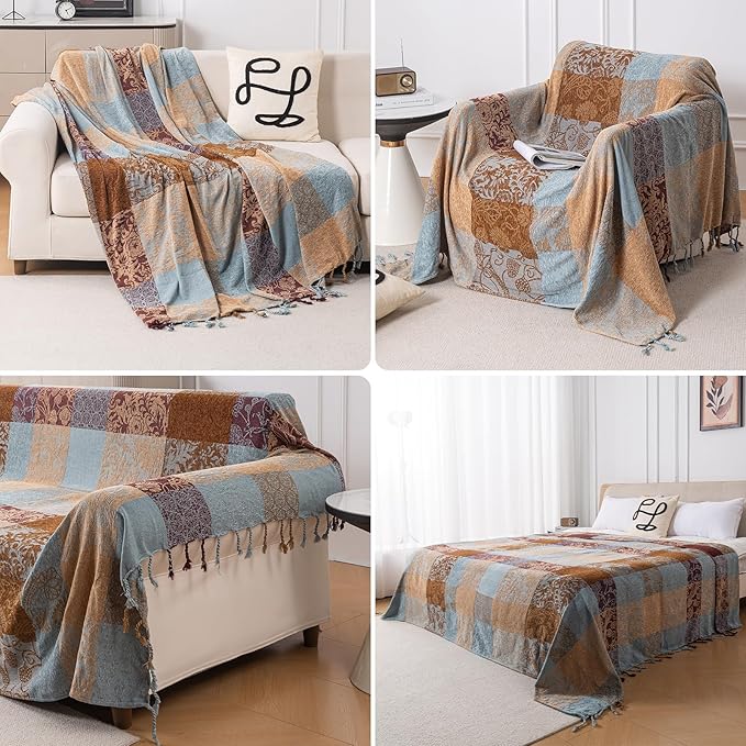 Bohemian Chenille Throw Blanket, Boho Jacquard Tassels Cover for Couch Bed, Decorative Sofa Slipcover Protector - Colorful Tribal Pattern (Vintage, 60 * 75 in)
