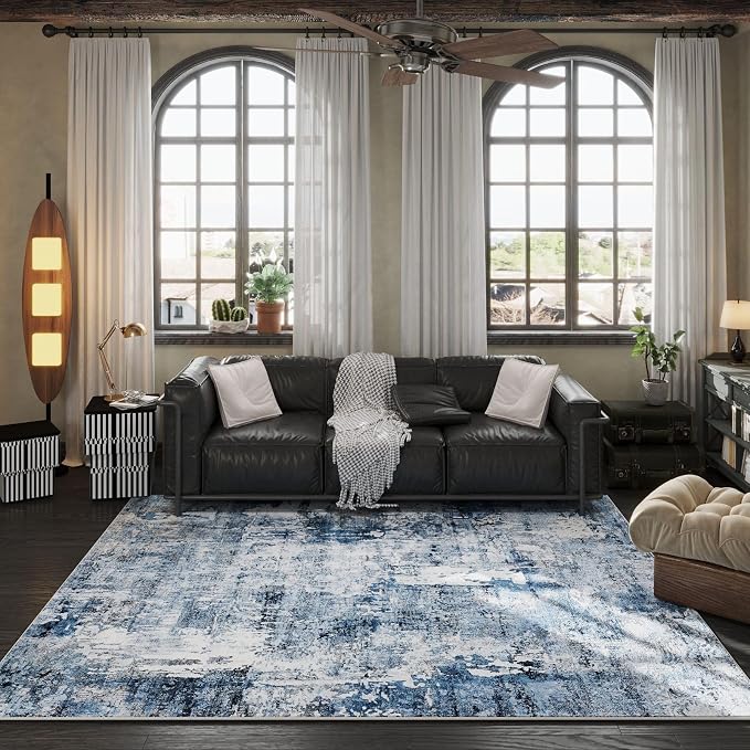 Rugcomf 4x6 Rug Washable Boho Soft Area Rug Abstract Pattern Non-Slip Faux Wool Vintage Rug for Living Room, Bedroom Rug, Farmhouse, Dining Room, Indoor, Kids Playroom, Blue