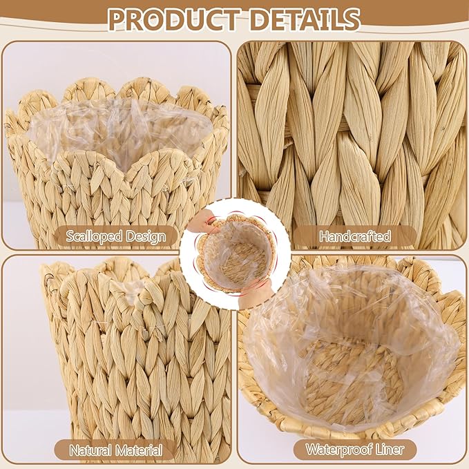 3 Pack Wicker Scalloped Plant Basket, Plant Baskets with Plastic Liner for Indoor, Hand Woven Water Hyacinth Flower Pots Cover Rattan Planter Basket for Home Farmhouse Decor, 10.2"+8.7"+6.7"