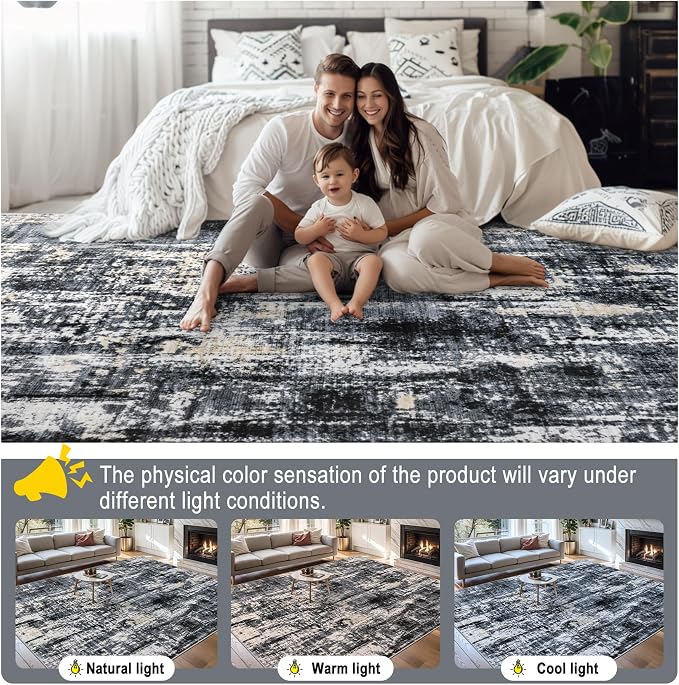 Area Rugs 9x12 Living Room - Washable Rug Modern Abstract Soft Large Neutral Non-Slip Carpet Indoor Floor Thin Carpets for Bedroom Dining Room Farmhouse Nursery Home Office Black Gold