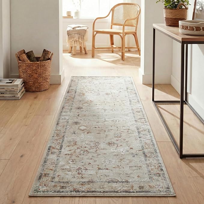 Superior Floral Scroll Washable Runner Rug, Cotton Backing, Carpet for Dining Table Mud Room, Non-Slip Rug for Hallway, Entry, Kitchen, Low Pile Area Rug, Swan Collection, 2' 7" x 8', Cream