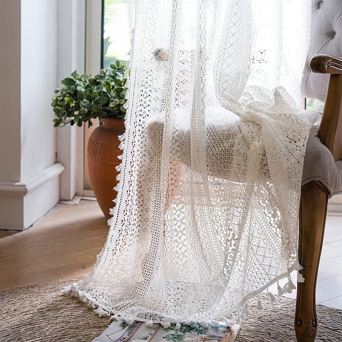 WAZZIO Boho Lace Curtains 84 Inches 2 Panel,Light Filtering Privacy Tassel & Geometry Crochet Semi Sheer Curtain Drapes for Bedroom Living Dining Room,Rod Pocket & Tassel,Victorian Decor,Off White