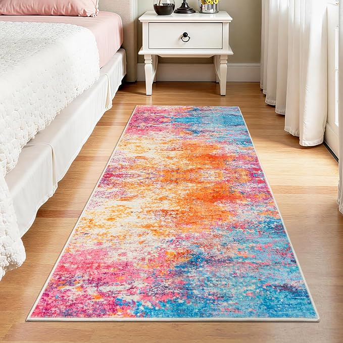 Rugflix 2x6 Runner Rug for Entryway, Kitchen Rugs Soft Non-Slip Washable Runners for Hallway, Abstract Small Carpet with Non-Slip Backing for Bedroom, Living Room, Rainbow