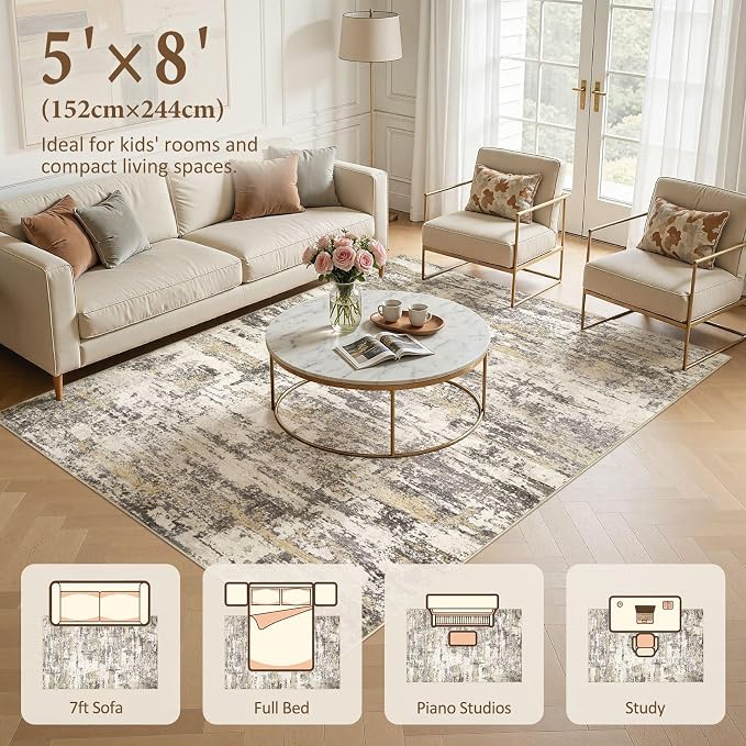Area Rugs 5x8 Living Room: Washable Large Abstract Modern Neutral Soft Rug Stain Resistant Non-Slip Backing Carpet for Bedroom Dining Room Indoor Nursery Dorm Home Office Decor - Gold Brown