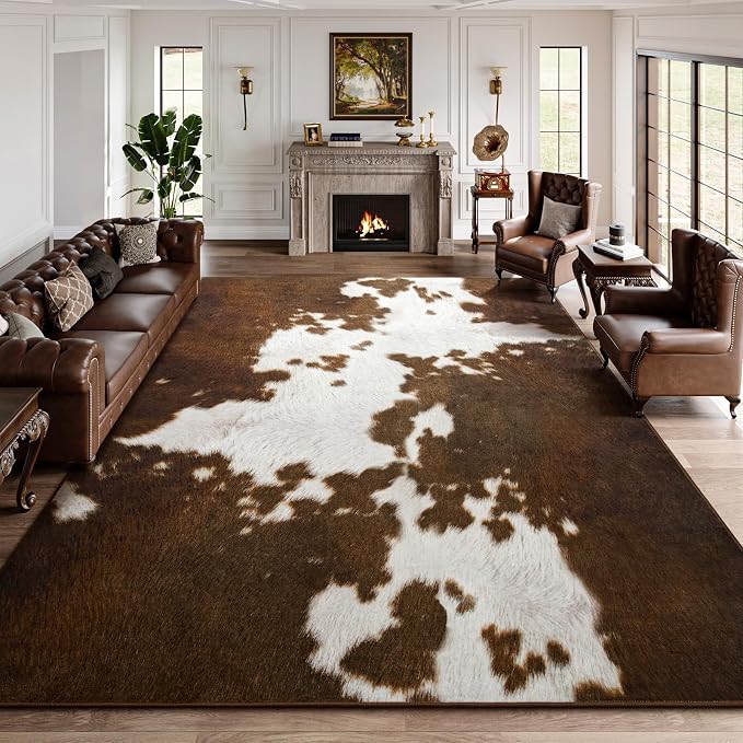 DweIke Cow Print Rugs for Living Room, 8x10 Large Soft Faux Animal Cowhide Area Rug, Washable Non-Slip Stain Resistant Throw Carpet for Dining Room Office Western Home Decor, Light Brown