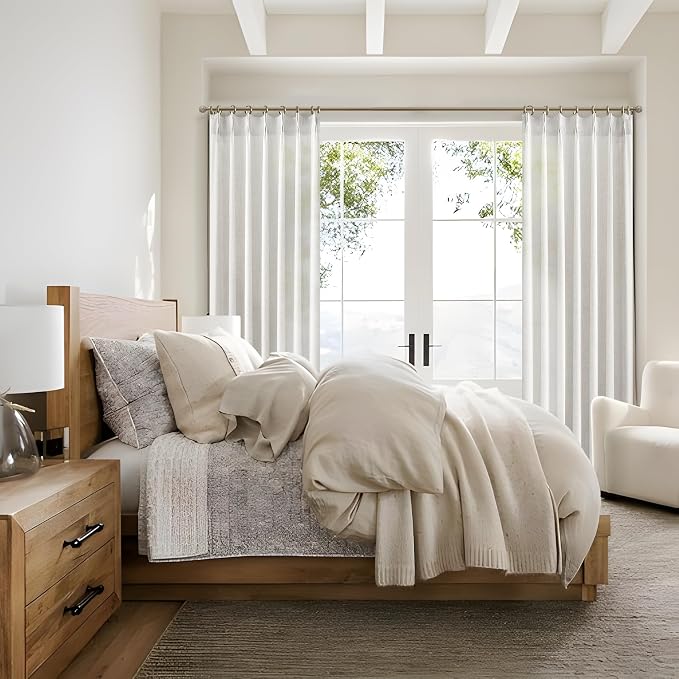 Linen Sheer Curtains 108 Inches Long 2 Panels, Natural Beige White Floor to Ceiling Double Pinch Pleated&Back Tab Boho Light Filtering Semi 9FT for Large Window Office/Living Room/Bedroom Aesthetic