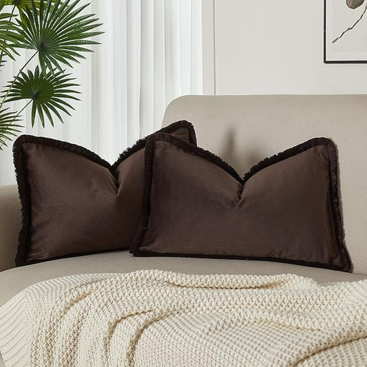 JUSPURBET Coffee Lumbar Velvet Throw Pillow Covers 12x20 Inch Set of 2 with Soft Tassel Fringe Luxury Boho Pillowcase for Sofa Couch Bed Home Decor Machine Washable