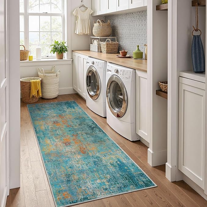 RELEANY Washable Area Rugs 2'x8' Non-Slip Modern Abstract Soft for Living Room Entryway Bedroom Kitchen, Print Pattern, Teal Blue Green Orange Rust Red Coloreful