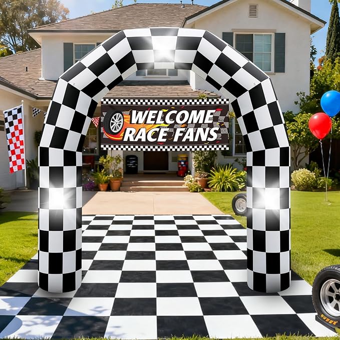 8FT Black and White Checkered Outdoor Race Car Inflatable Arch | Blow Up Racing Party Decoration with 3 Banners Built-in 3 LED Lights for Race Car Themed Birthday Party Lawn Yard Decor
