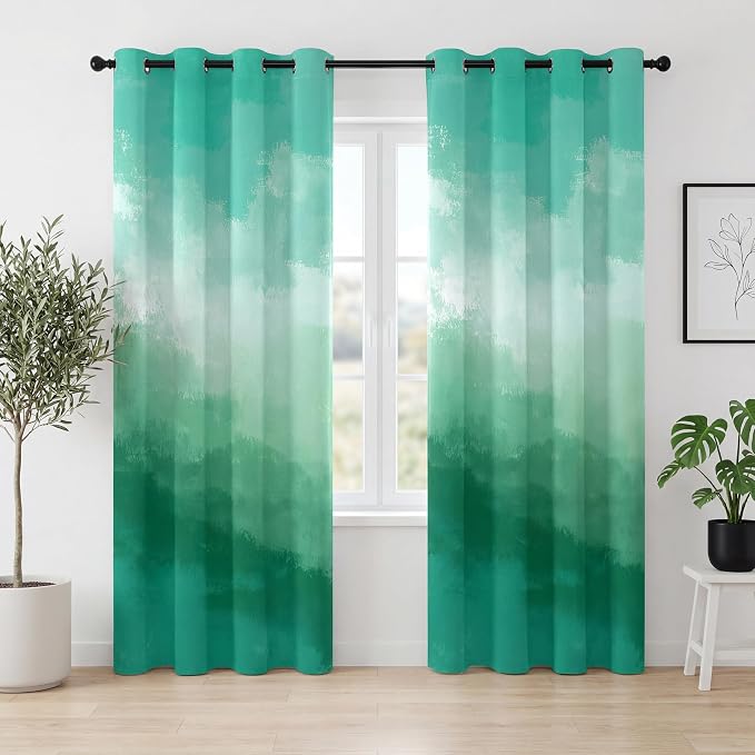 Green Gradient Blackout Curtains - 100% Blackout, Thermal Insulated, Noise Reducing, Ombre Room Darkening Curtain for Living Room, Modern Nature-Inspired, 2 Panels, Each W52×L84