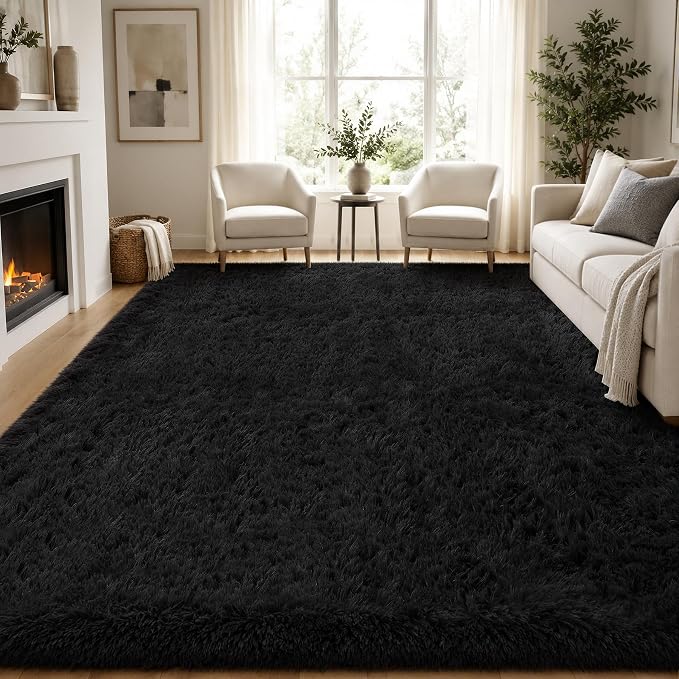 Area Rug for Living Room Bedroom: 6x9 Black Soft Fluffy Shag Upgrade Non-Slip High Pile Carpet Large Fuzzy Plush Indoor Floor Decor Shaggy Rug for Kid Boys Girls Dorms Playroom Nursery Modern Home
