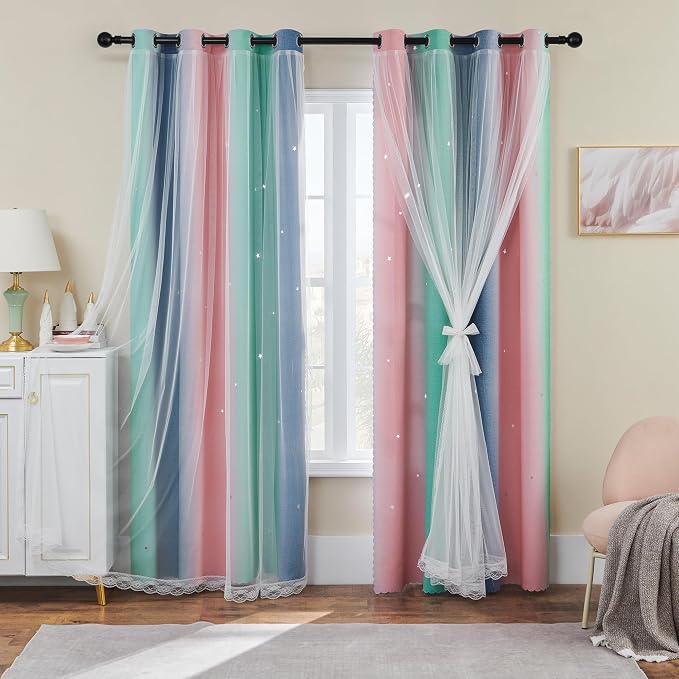 XiDi Pink Grey Green Curtains for Girls Bedroom 96 Inches Long 2 Panels Set, Rainbow Blackout Curtains for Kids Nursery Room Decor, Unicorn Wall Decals Drapes for Living Room 52 Inches Wide