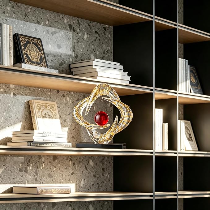 AWNR Gold Abstract Sculpture House Decor Aesthetic - Home Décor Accents for Nightstand, Shelves, Dining Room, Entryway Table, Office, Desk Accessories (Transparent Gold foil with red Ball C)