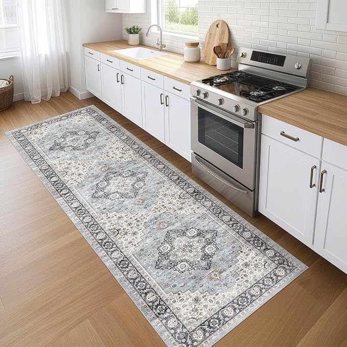 Runner Rug Kitchen Washable Rugs: 3x10 Non-Slip Boho Vintage Distressed Stain Resistant Indoor Neutral Farmhouse Throw Carpet for Hallway Bathroom Laundry Room Entryway Bedroom- Blue Tan
