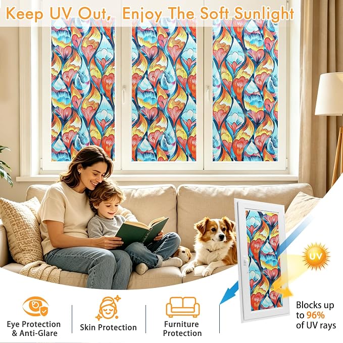SOMWISE Frosted Glass Window Privacy Film with Tools, Heat Blocking, Anti-UV, Anti-Glare, Static Cling, Decor for Home Bathroom Door, Renter Friendly, Removable, Reusable, Red 17.5Inchx157Inch