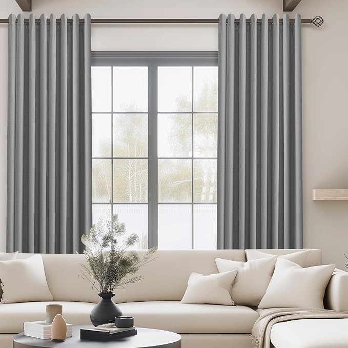 Jowels Dark Grey Linen Blackout Curtains 102 Length 2 Panels Set for Living Room Bedroom, 100% Black Out Thermal Insulated Linen Drapes, Room Darkening Grommet Curtains 102 Inches Long Dark Grey