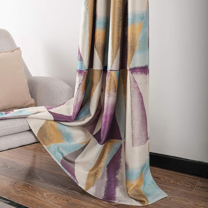 Leeva 2 Panels Blackout Curtains for Patio and Office, Geometric Modern Purple Colorful Sun Light Blocking Grommet Window Curtain and Drapes for Dining Room, 52X96