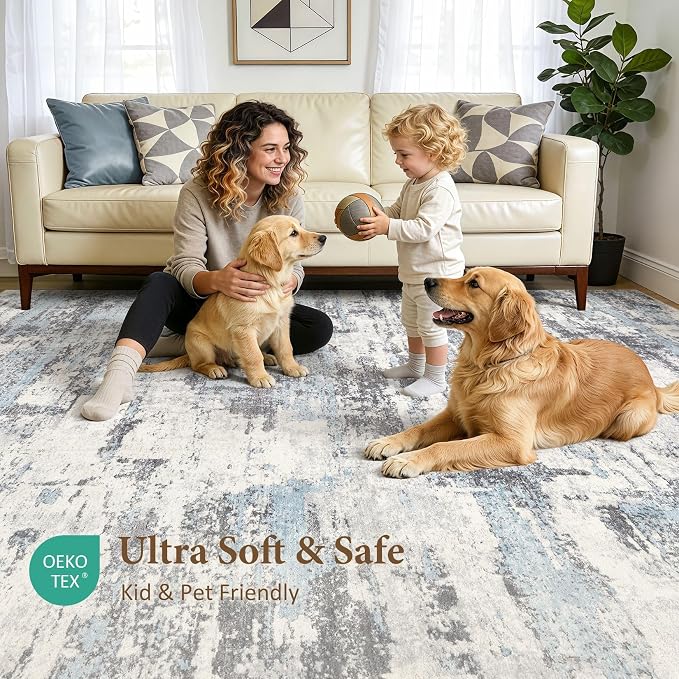 Area Rugs for Living Room: 10x13 Abstract Washable Rug Modern Neutral Large Soft Stain Resistant Non-Slip Backing Machine Table for Bedroom Dining Room Indoor Home Office Carpet - Blue Grey